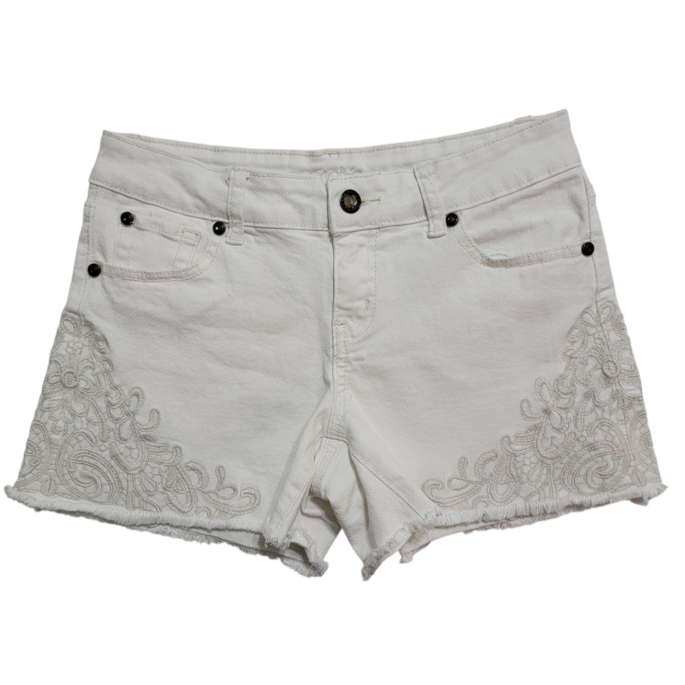 Cache | Low Rise Embroidered Cutoff Jean Shorts White Denim Crochet Lace